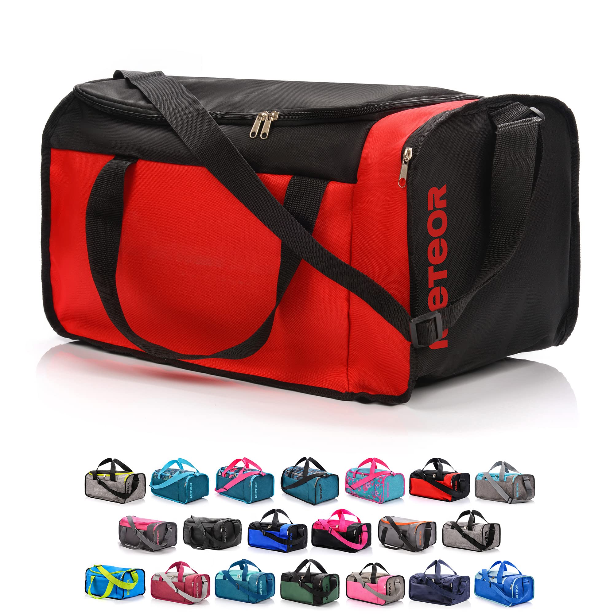meteor Gym Bag Womens & Mens 40l - Lightweight Sports Holdall with Shoe Compartment & Shoulder Strap - Unisex Travel Duffel - Underseat Cabin Luggage for Weekend or Overnight Trip, Red/Black