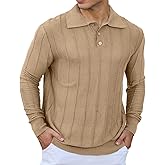 Qekoma Mens Knit Polo Shirts Long Sleeve Casual Classic Polo Shirt Collared Ribbed Textured Pullover Sweater