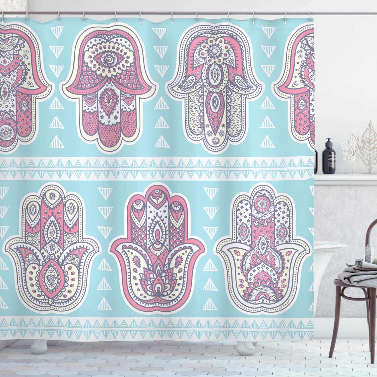 ABAKUHAUS Hamsa Shower Curtain, Bohemian Style Pattern with Open Hamsa Hands Ornate Mandala Theme Art Boho Print, Cloth Fabric Bathroom Decor Set with Hooks, 70 Inches, Blue Pink