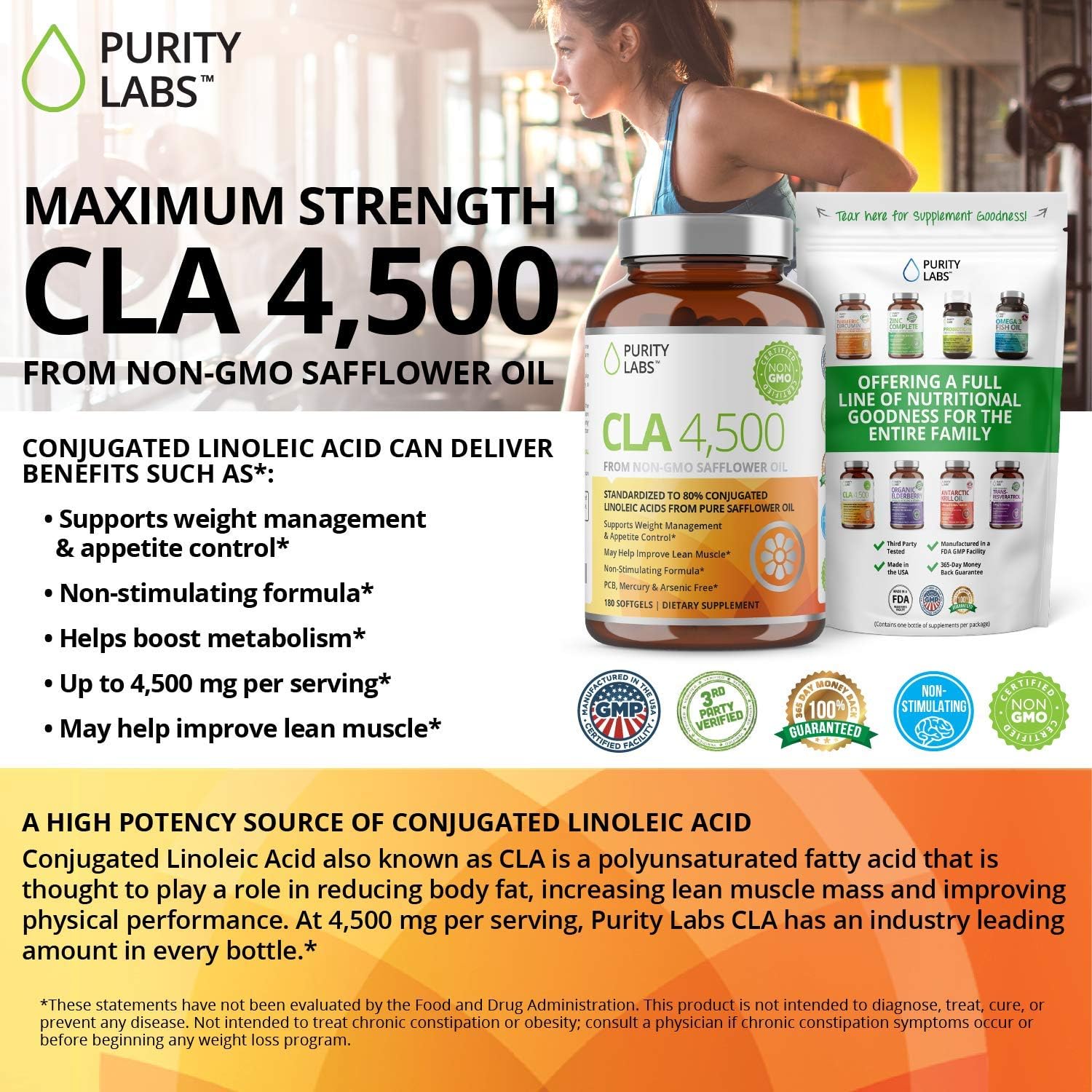 Purity Labs CLA 4,500MG Safflower Oil Number One Weight Loss Fat Burner Supplement 180 Softgels Non-GMO & Gluten Free Conjugated Linoleic Acid Pills Belly Fat Burner: Health & Personal Care
