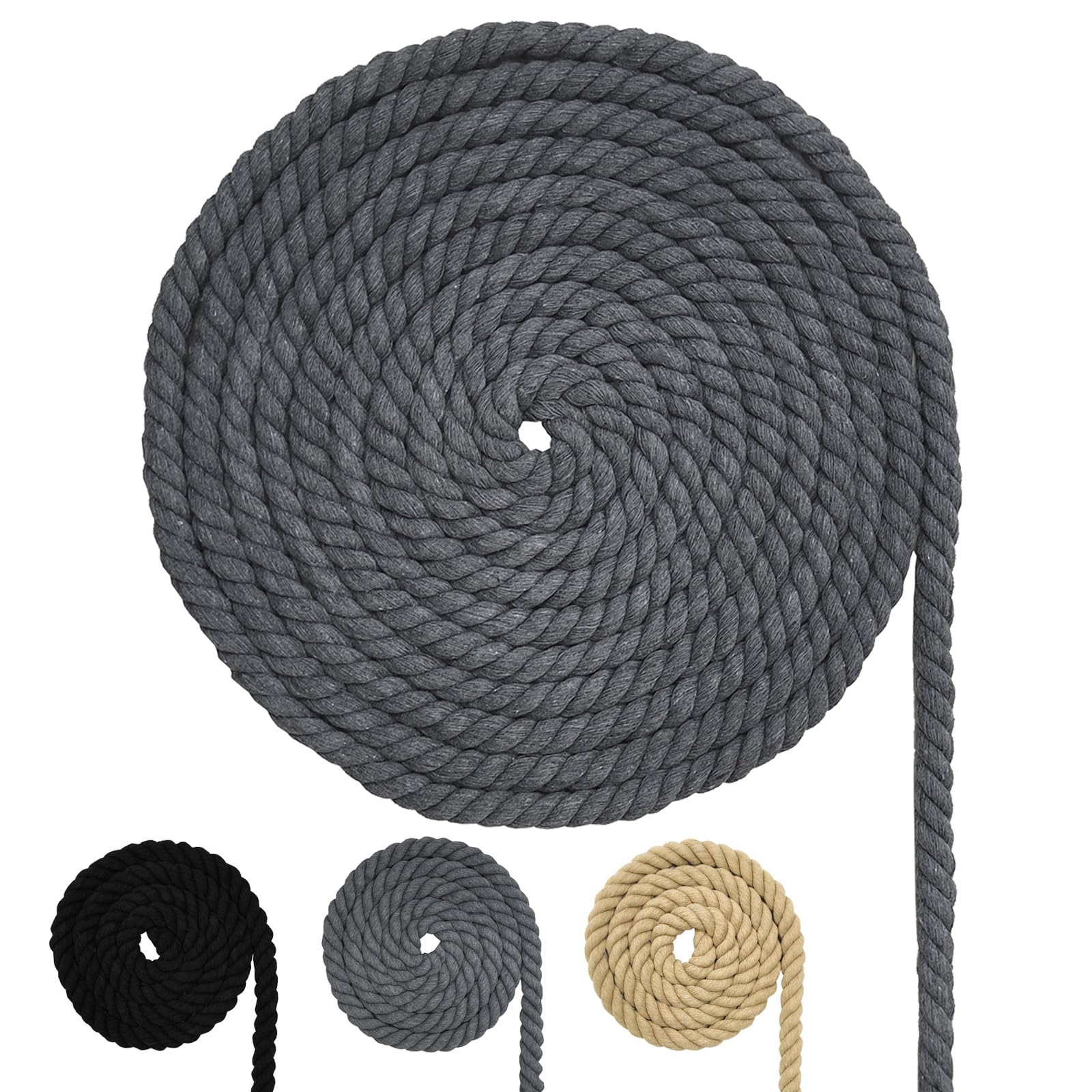 Cotton Cord, Macrame Yarn Rope, Various Sizes, Cotton Rope for DIY Crafts, Gifts (Grey, 10 mm (4 M))