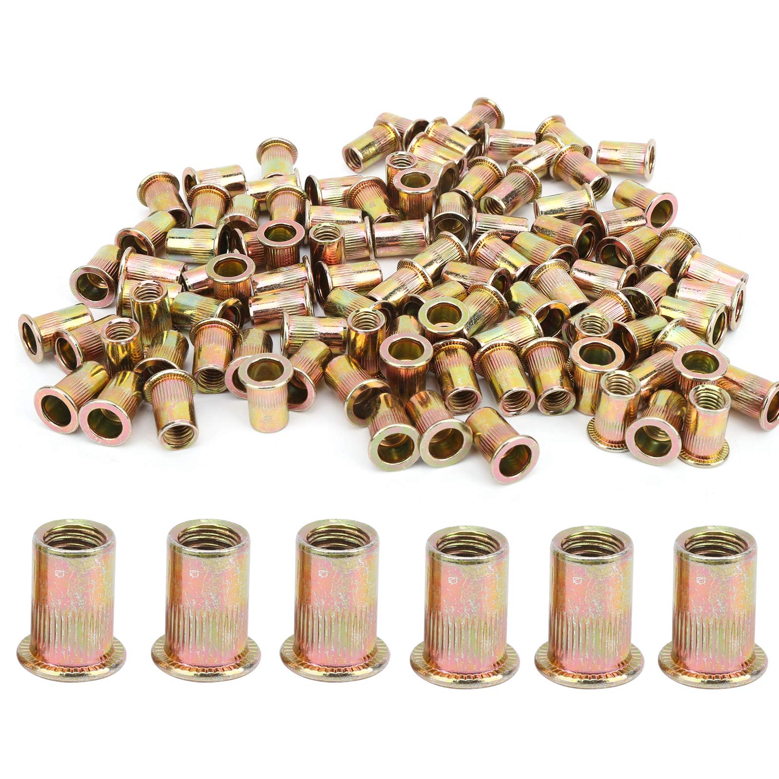 100pcs Rivet Nut, Insert Nut, Flat Head Nut, Vertical Riveting Nut, Carbon Steel Threaded Rivet Nut, M8/M10 Color Zinc Plating Nut, for Light Industrial Products(M8)