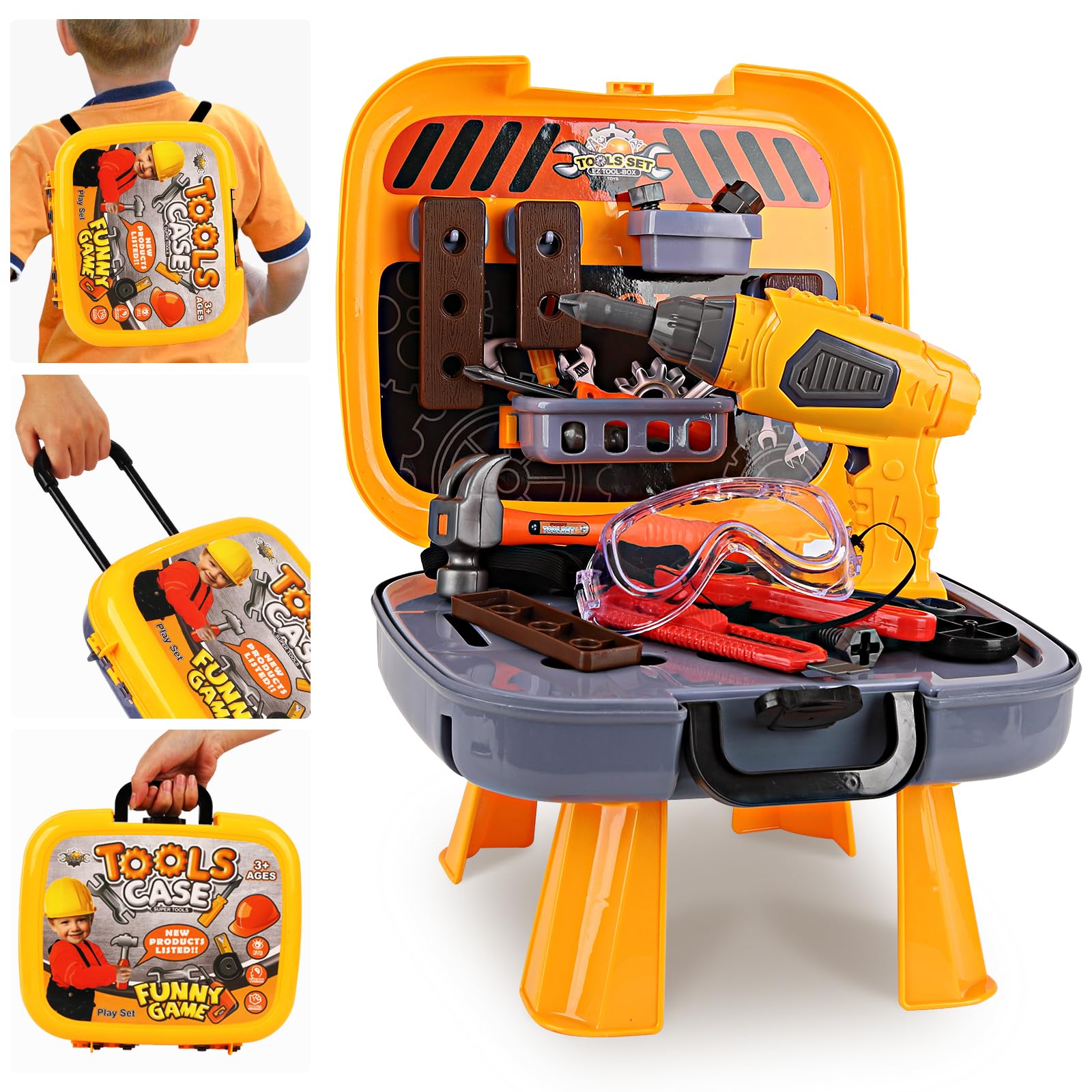 Hanmulee 45pc Kids DIY Tool Set - 4 In 1 Childrens Electric Drill, Pretend Play Tool Box for Age 3-7 Toddlers Boys