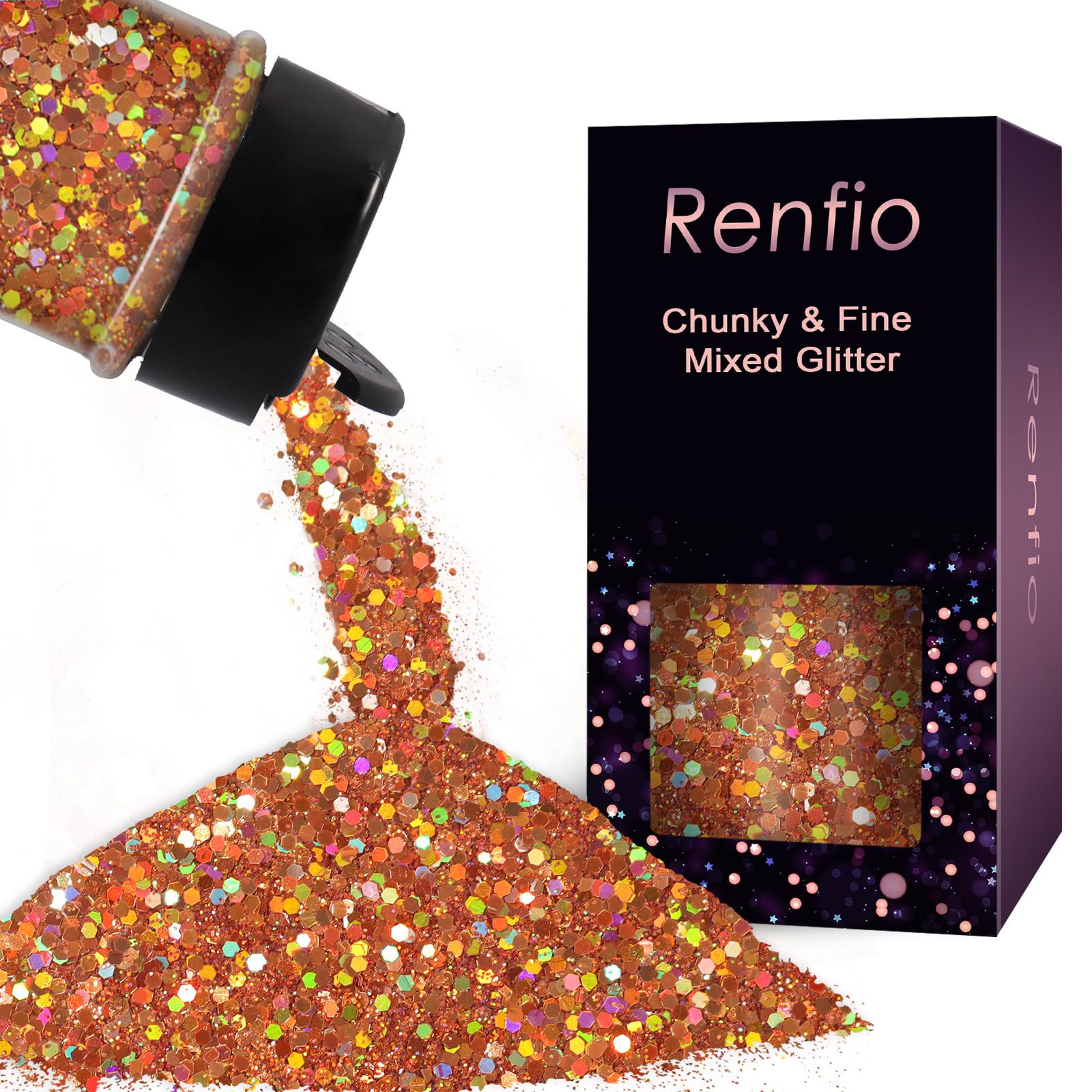 Renfio Holographic Glitter, 2.11oz/60g Medium Size Chunky Glitter Mix Ultra Fine Glitter for Crafts Copper Glitter Sequins Resin Glitters PET Flakes for Nail Art Tumblers Slime - Laser Light Copper