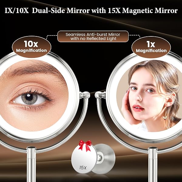 PROFESSIONAL 8.5″ LARGE LIGHTED MAKEUP MIRROR WITH BRIGHTER LIGHTS, 1X/10X TRUE HD MAGNIFYING MIRROR WITH 3 COLOR DIMMABLE LIGHTS, 90 SHADOWLESS LEDS, 360°SWIVEL SEAMLESS VANITY MIRROR, PEARL NICKEL