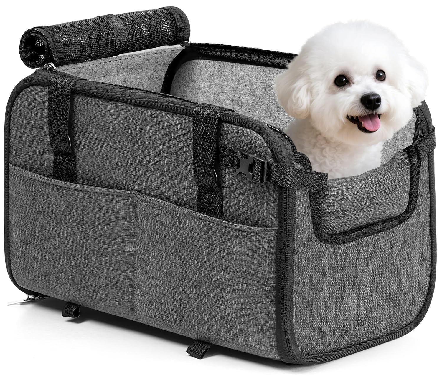 Photo 1 of YUDODO Large Dog Car Seat for Center Console (Width?9.5in) Fits 10-18lbs, Anti-Slip Puppy Cat Travel Portable Booster Seat, Luxury Pet Car Bed Carseat PU Leather Gray