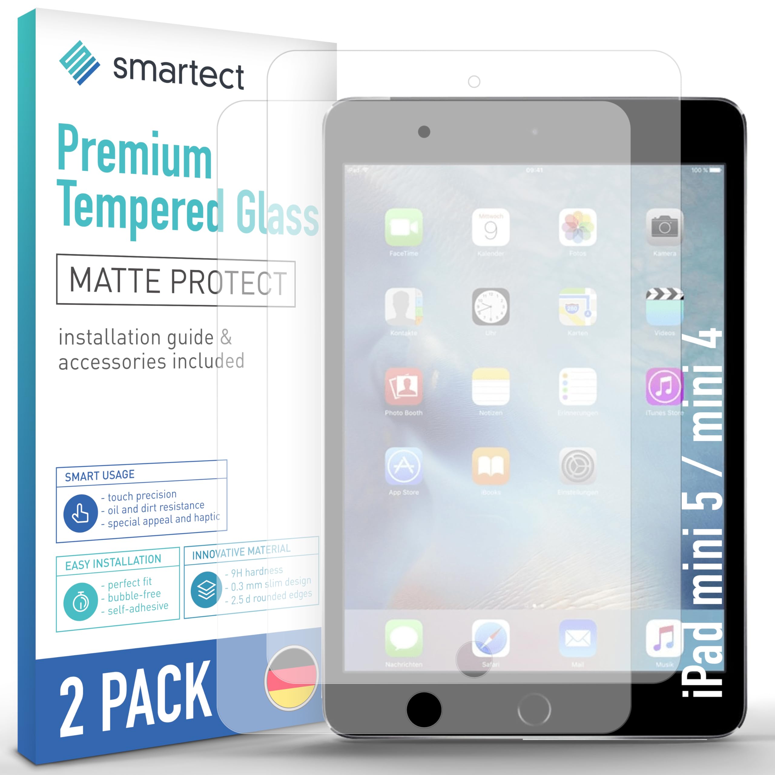 smartect Glass Screen Protector [2 Pieces, Matte] for iPad mini 5 / mini 4, Anti Glare Protective Film Anti Scratch, Bubble Free, 9H Hardness, Ultra Resistant