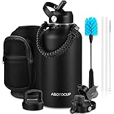 ABOTOCUP 64oz Water Bottle with Powder Coated, Stainless Steel Insulated Water Bottle with Straw Lids&Paracord Handle, Half Gallon Water Bottle Double Wall Leak-proof BPA Free, Water Jug Keep Cold&Hot