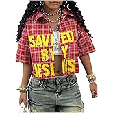 GORGLITTER Women's Plaid Button Up Shirt Oversized Cropped Y2k Graphic Short Sleeve Collared Crop Tops Streetwear