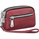 SENDEFN Coin Purse for Women Leather Wristlet Double Zip Around Small Change Pouch