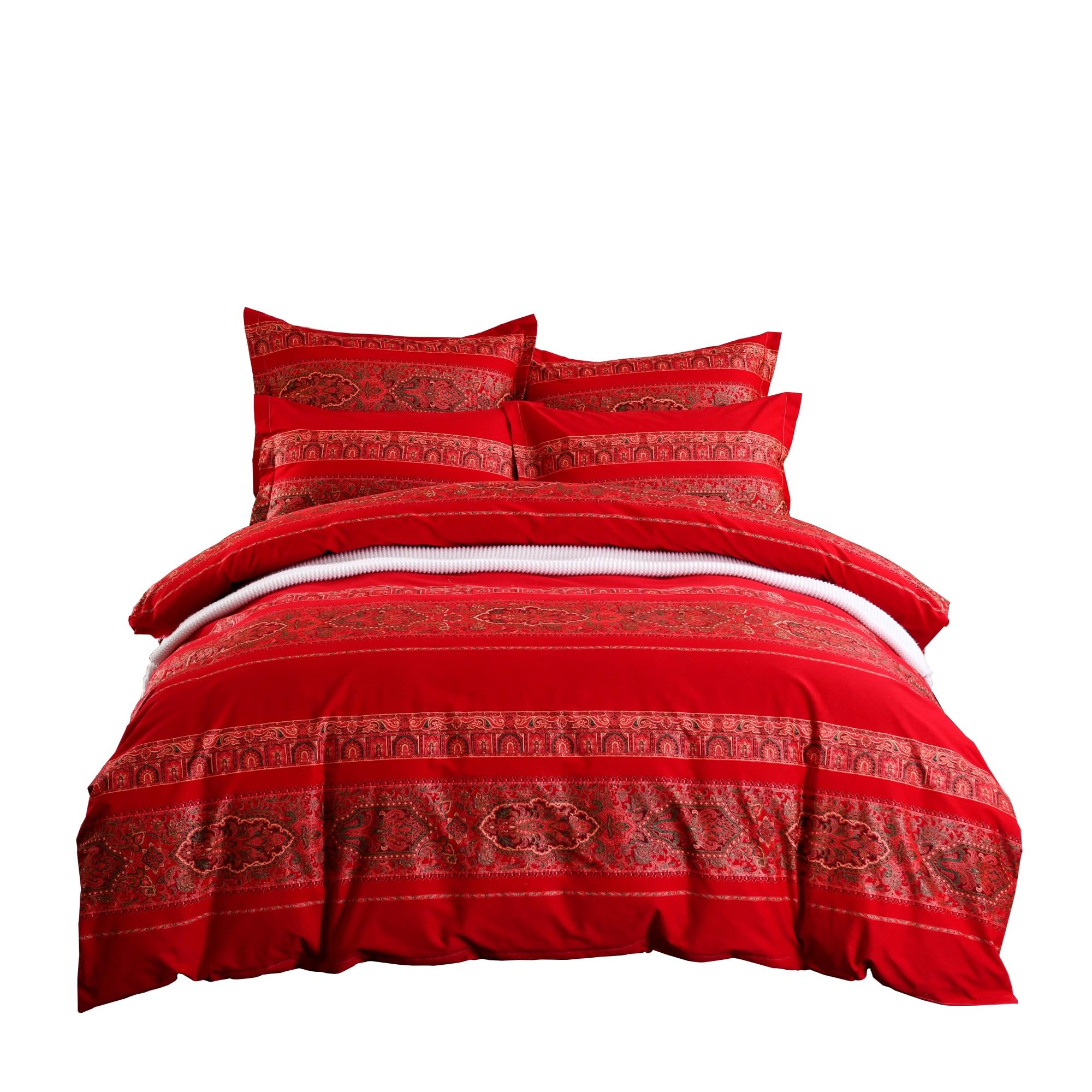 USTIDE Red Bohemian Duvet Cover Set 3-Piece Exotic Ethnic Bedding Set 100% Cotton Bedding King Size — image 1