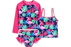 Funnycokid Girls Swimsuit 3 Pieces Long Sleeve Rash Guard Set Tankini Bathing Suits Summer Kids Swimwear 3-10 Years
