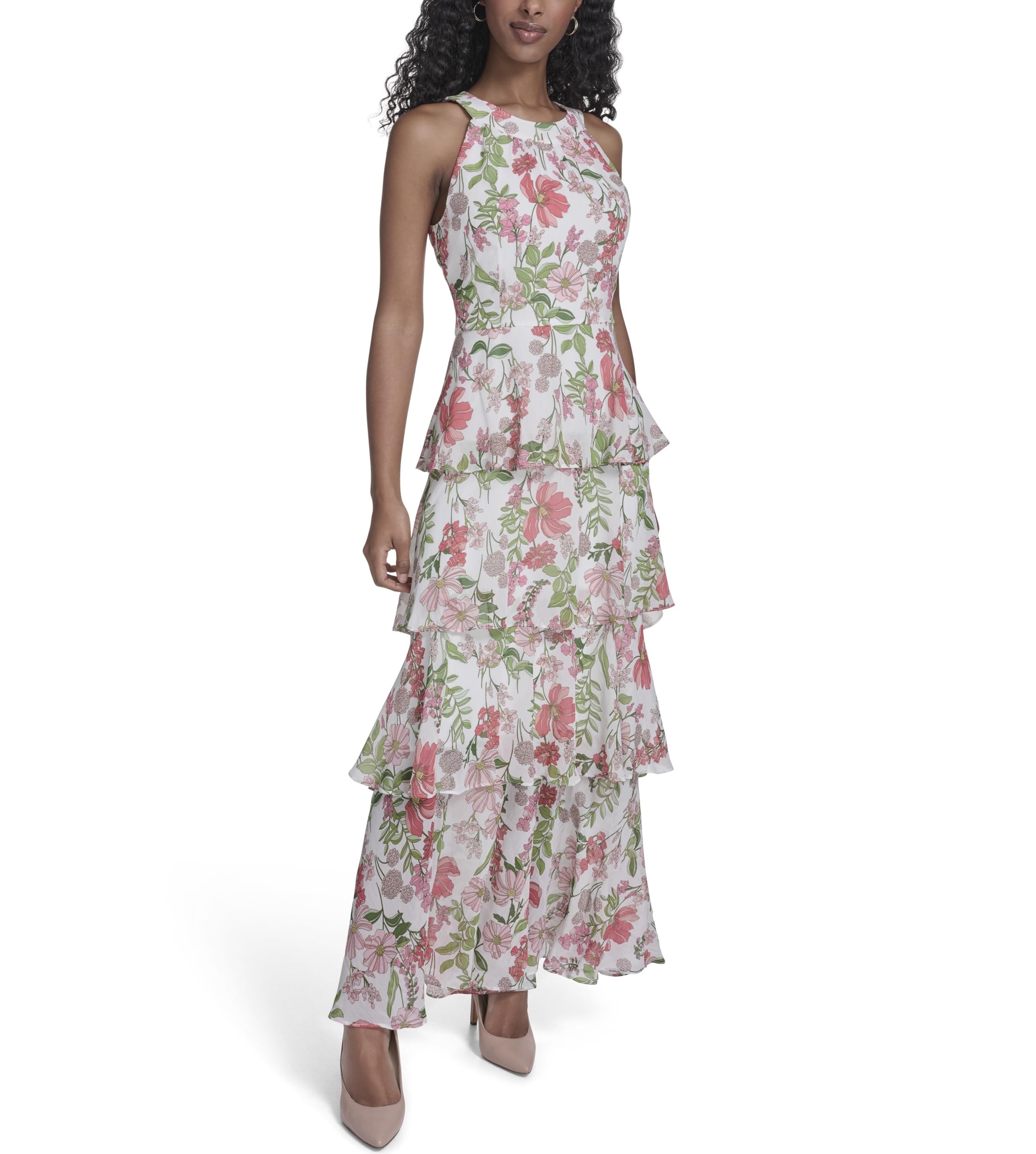 Tommy Hilfiger Women’s Sleeveless Halter Neck Tiered Skirt Maxi Dress, Sherbet Multi, 0
