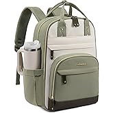 LOVEVOOK Laptop Backpack for Women with Giant Tumbler Holder Pocket,15.6 inch School College Book Bag Nurse Teacher Backpack,Work Travel Backpack Laptop Computer Bag,Pea green-Light yellow-Burlap blue