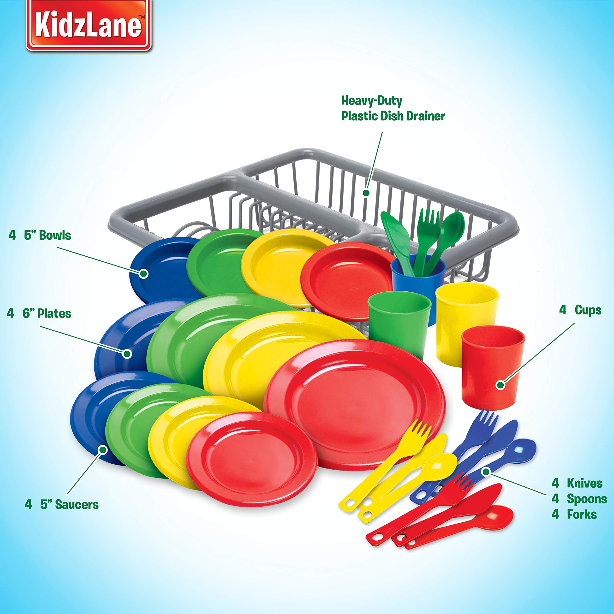 Kidzlane Kids and Toddler Dishes - Kids Play Kitchen Accessories Set - Dishwasher Safe Plastic Play Dishes - Kitchen Toys - Toy Plates and Dishes for Kids Kitchen Set