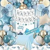 Blue Birthday Decorations, Blue Party Decor with Balloons Birthday Sash Happy Birthday Banner Tablecloth Fringe Curtain Cake Topper Party Decorations for Men Women Boys Girl Bday