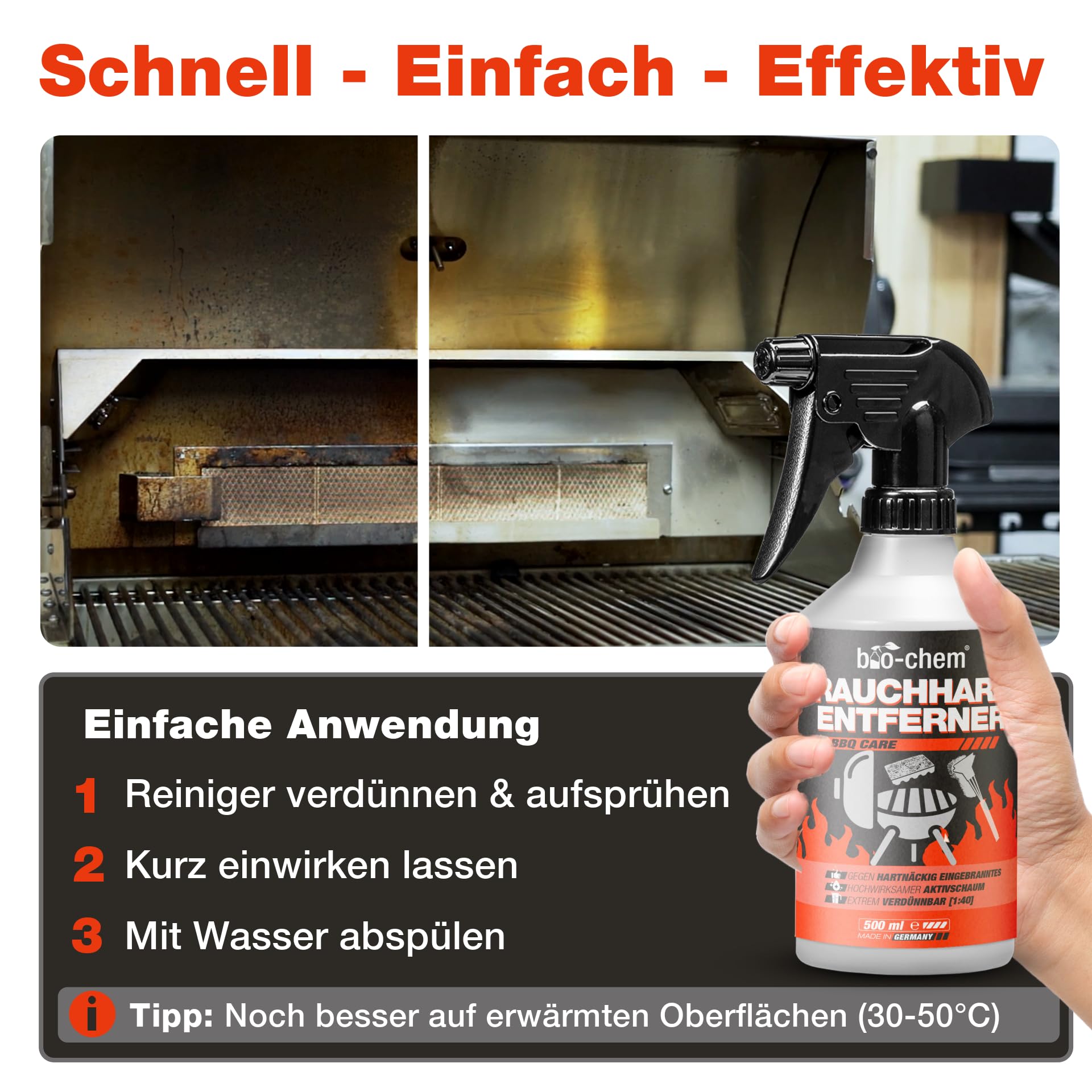 bio-chem Rauchharz-Entferner - 500 ml - Backofen- und Grillreiniger Konzentrat für Gasgrill, Edelstahl, Gusseisen u.v.m. - Extrem kraftvolle Formel gegen hartnäckige Ablagerungen - Made in DE 3