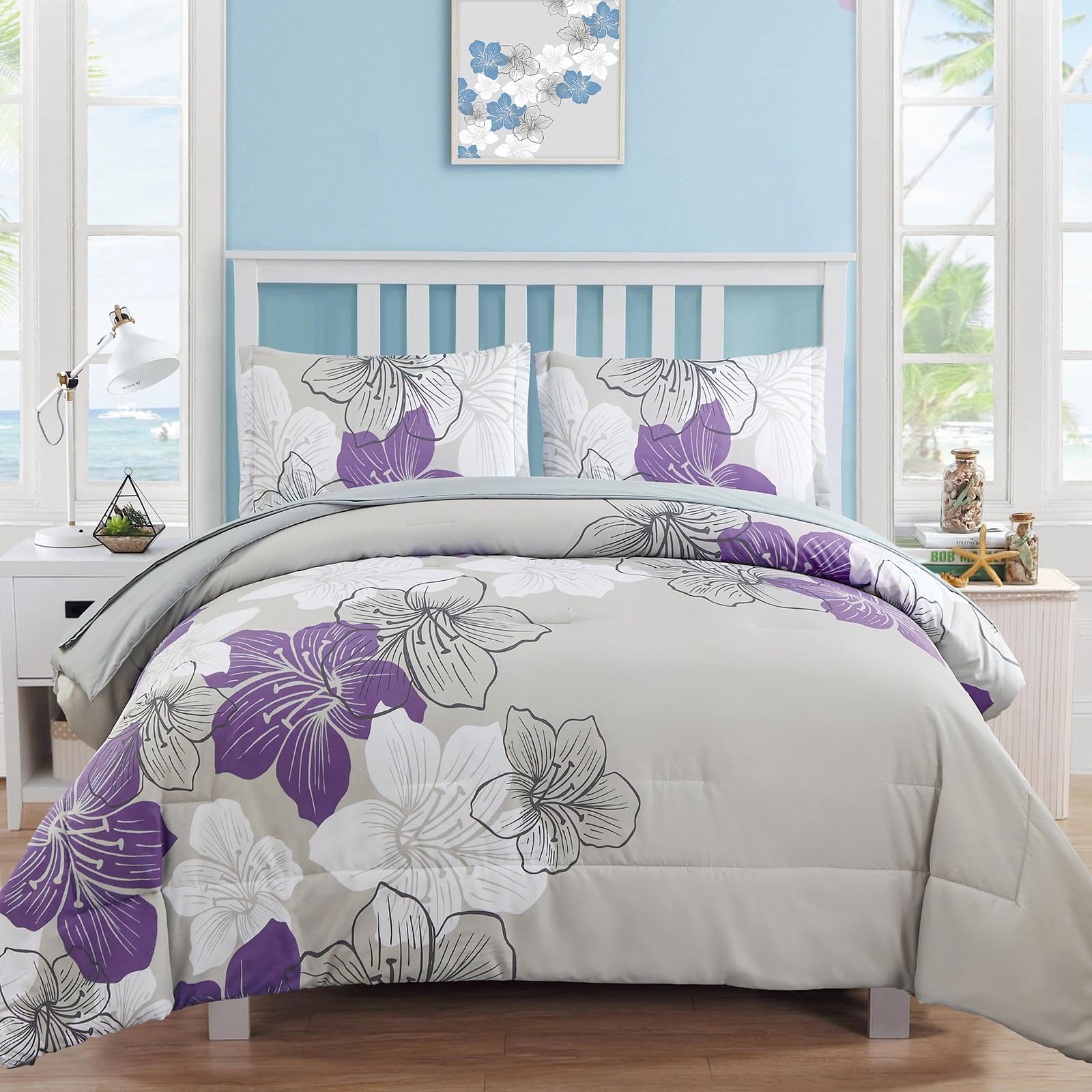 Luxudecor Floral California King Size Comforter Set, 7 Pieces Purple Floral Bed in a Bag Comforter and Sheet Set, Soft Microfiber Cal King Complete Bedding Sets for All Seasons 104"×96" Image