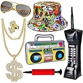 Boonbery 80s 90s Hip Hop Costume Accessories Set - 7 Pcs Rapper Party Outfit Kit with Inflatable Radio & Cell Phone, Dollar Necklace & Ring, 90s Style Bucket Hat, Retro Sunglasses & Air Pump