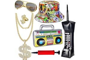 Boonbery 80s 90s Hip Hop Costume Accessories Set - 7 Pcs Rapper Party Outfit Kit with Inflatable Radio & Cell Phone, Dollar Necklace & Ring, 90s Style Bucket Hat, Retro Sunglasses & Air Pump