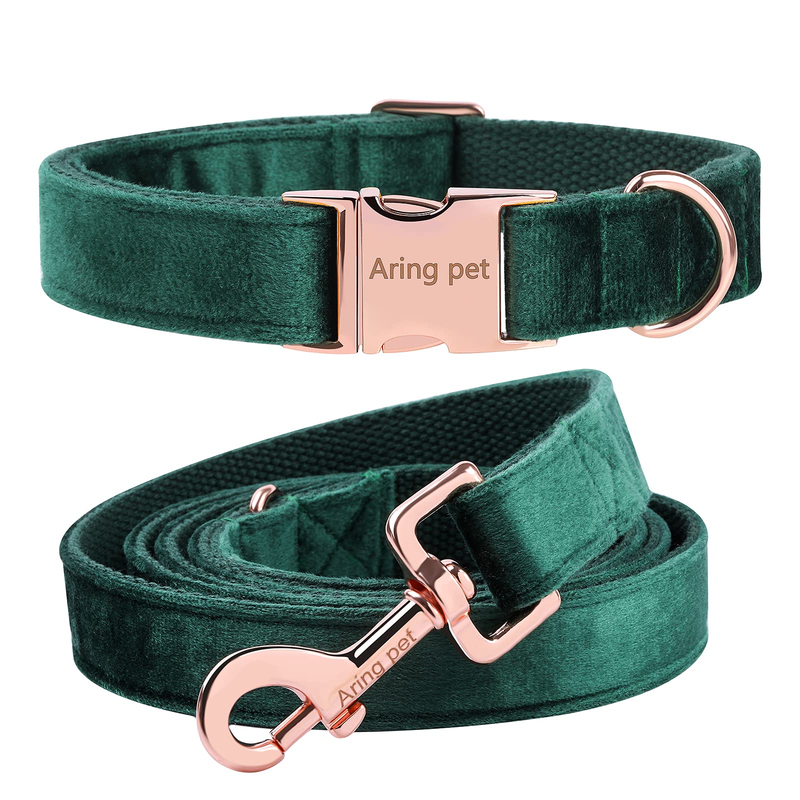 ARING PET Dog Collar and Lead Set, Green Velvet Dog Collar and Leash with Metal Buckle, Comfortable and Adjustable Pet Collar Set for Boys&Girls Dogs, Small