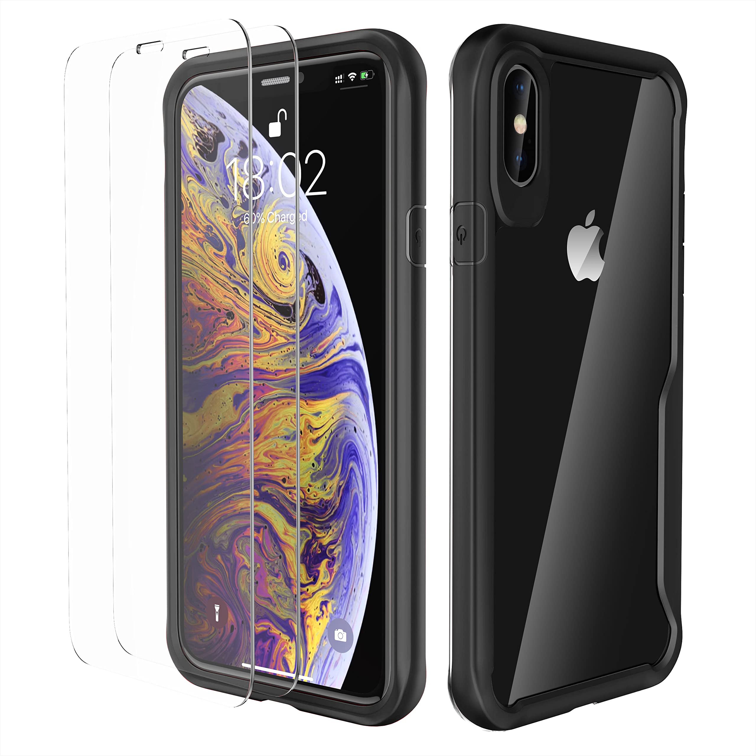 ORETECH Compatible with iPhone X/XS Case, with [2 x 9H Tempered Glass Screen Protector] Shockproof Drop Protection Ultra Thin Soft TPU + Hard PC Hybrid Transparent Case - Black — image 1
