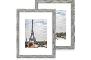 Hongkee 11x14 Picture Frame Set of 2, Made of Glass and Rustic Grey Wooden Frame, Display 8x10 Pictures with Mat or 11 x 14 P