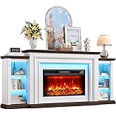 YANSNWO 80" Modern Electric Fireplace TV Stand for TVs Up to 90", Entertainment Center with Mantel, Freestanding Heater, Adjustable Flame, Remote Control, LED Light, Stylish Storage for Living Room