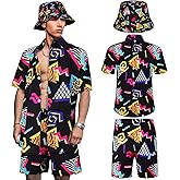Geosar Men's 2 Pcs 80s 90s Outfit for Men Hippie Shirts and Shorts Set with Hat Neon Disco Halloween Party Costume Clothes