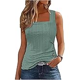 CHUNTIANRAN Color Block Ruched Button Square Collar Tank Top for Women Summer Tank Tee Casual Loose-Fit Sleeveless Shirt