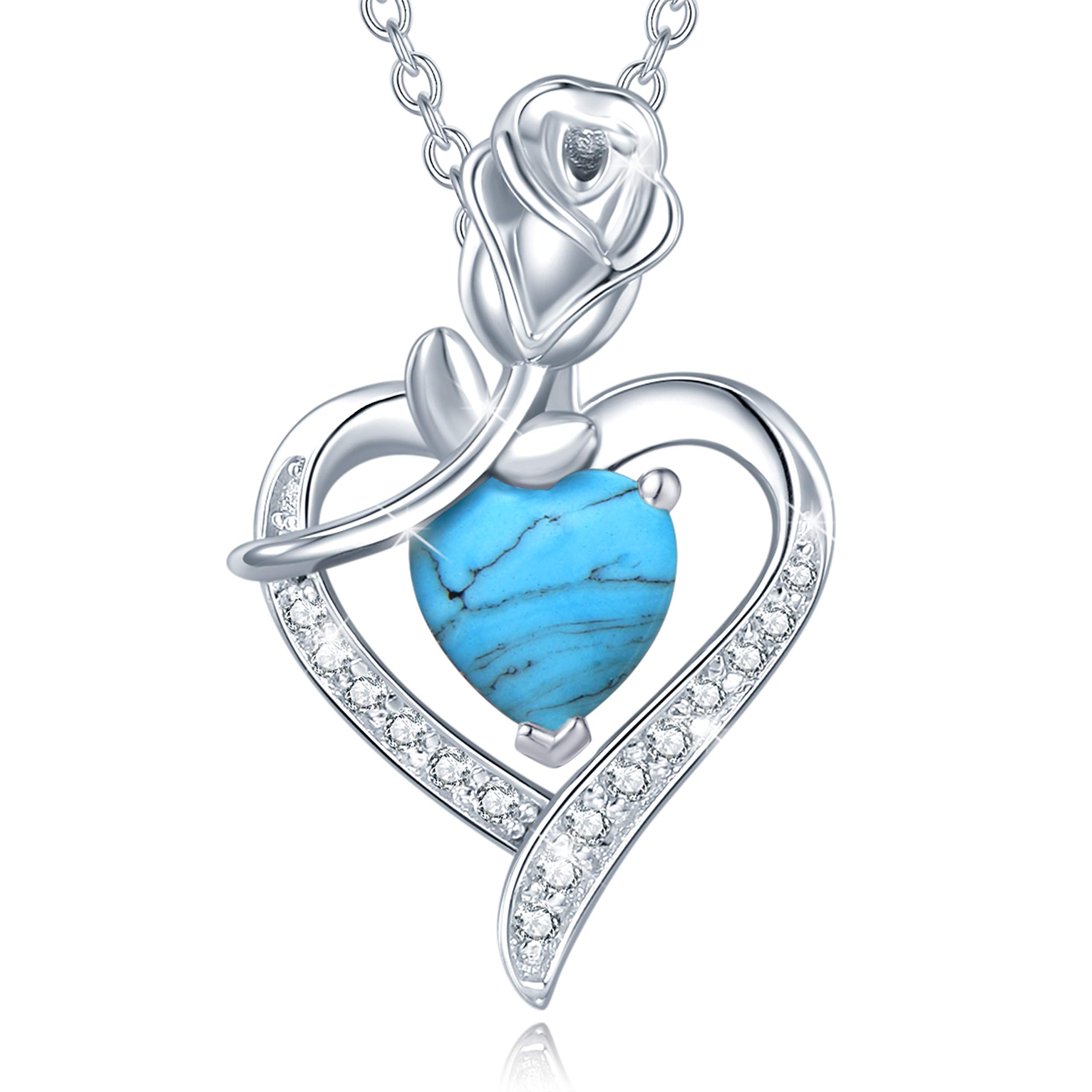 FANCIME 925 Sterling Silver December Birthstone Necklace Rose Heart Pendant Turquoise Necklace with Fine Jewellery Box Christmas Birthday Valentine's Day Mother's Day Present for Women Mother