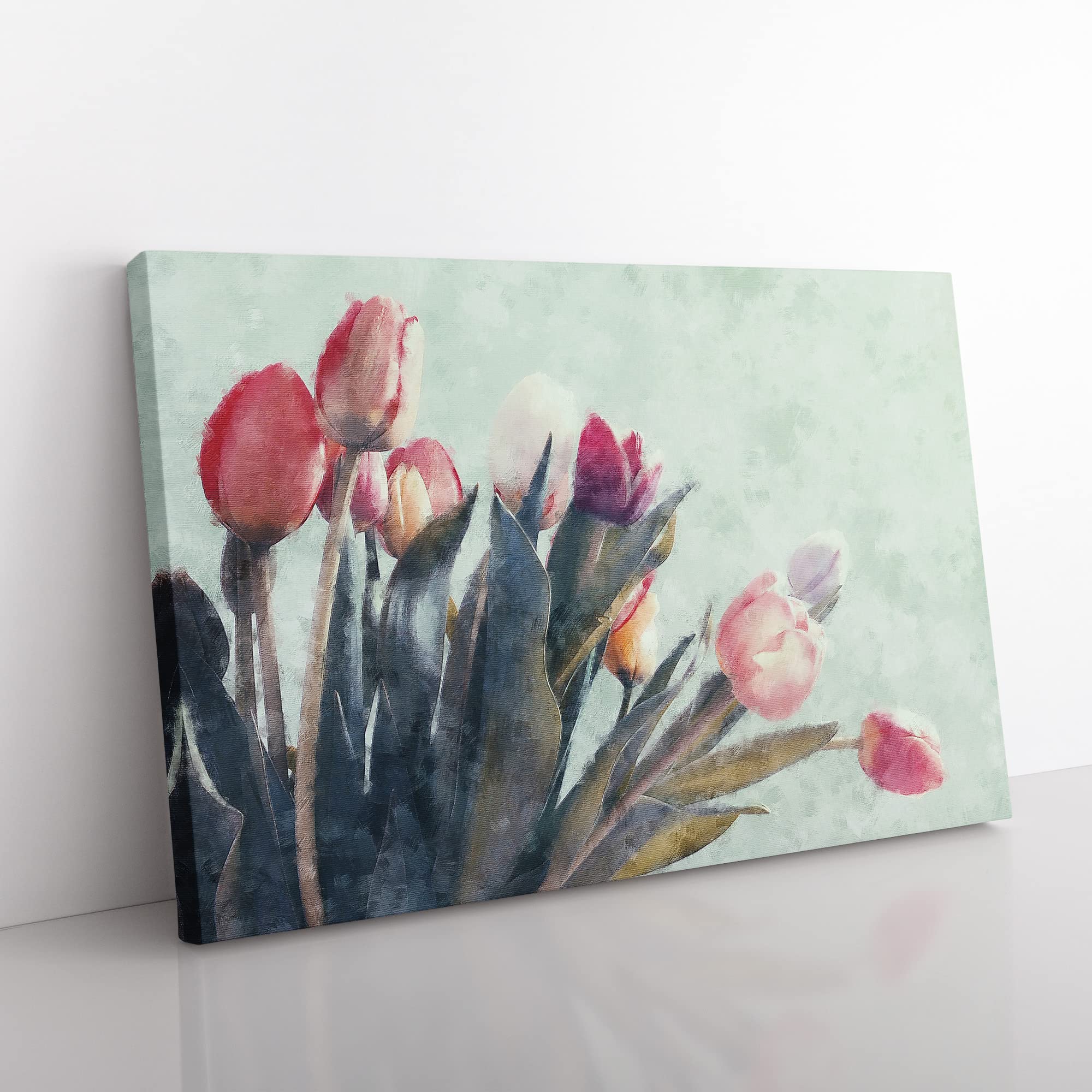 Bunch Of Pink Tulips Painting Modern Art Canvas Wall Art Print Ready to Hang, Framed Picture for Living Room Bedroom Home Office Décor, 50x35 cm (20x14 Inch)