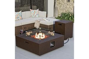COSIEST Outdoor Propane Fire Pit Coffee Table w Square Faux Stone 35-inch Base, Certified, 50,000 BTU Stainless Steel Burner, Free Lava Rocks and Rain Cover, Wind Guard, Tank Cover, Brown