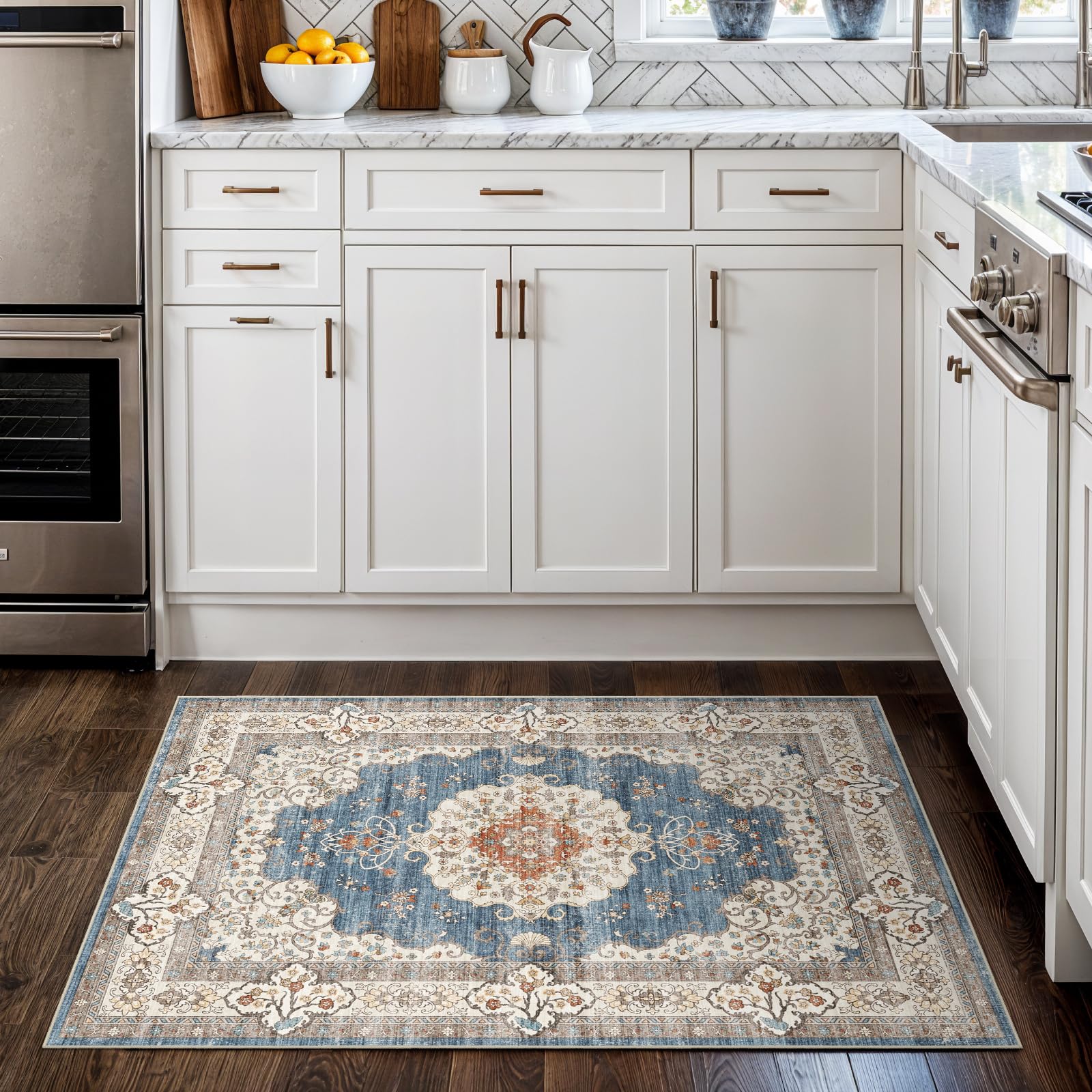 Photo 1 of 2x3 Washable Small Rug for Entryway: Indoor Vintage Oriental Area Rugs Stain Resistant Door Mat with Non Slip Backing Low Pile Thin Carpet for Bathroom (2x3 Blue/Beige)