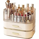 Makeup Organizer with 360 Rotating Brush Holder and Stackable Drawers, Cosmetic Display Case for Vanity, Bathroom Countertop (White, 3 Layer)