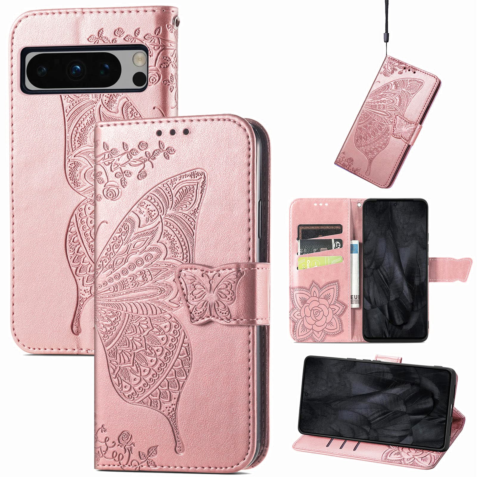 JIUNINE Case for Google Pixel 8 Pro, Leather Wallet Case Flip Cover with Butterfly Embossed Pattern [Card Holder] [Magnetic Closure] [TPU Inner Shell] for Google Pixel 8 Pro, Rosegold