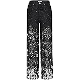 JW PEI Women's Embroidery High Rise Wide Leg Lace Denim Jeans with Rhinestone