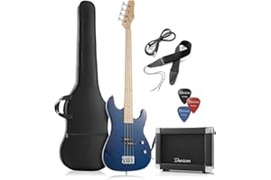 Davison Guitars Full Size Electric Bass Guitar with 15-Watt Amp, Blue - 4 String Right Handed Beginner Kit with Gig Bag and Accessories