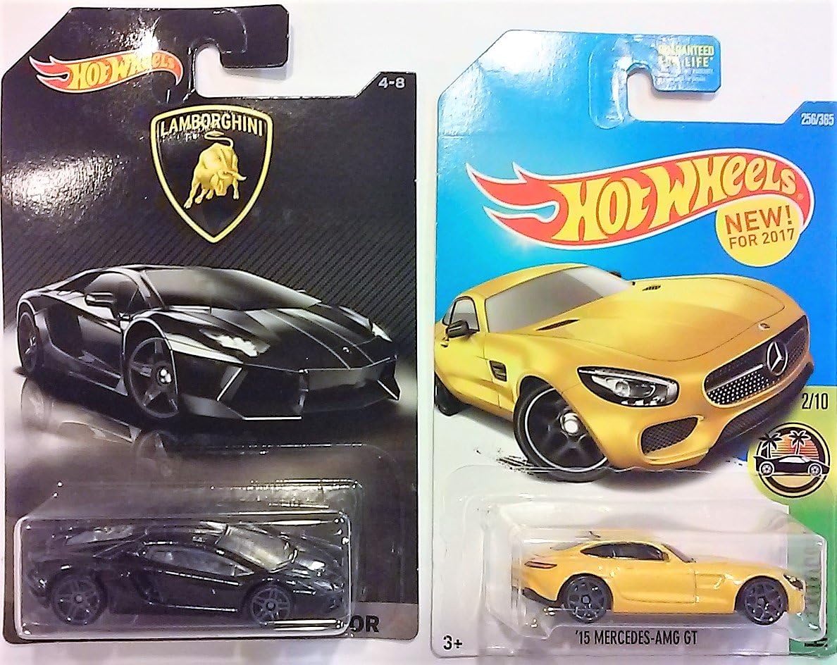 2 (TWO) Hot Wheels: 2017 HW Exotics '15 Mercedes-AMG GT 256/365 (yellow) & Exclusive Lamborghini Aventador Exclusive 4/8 (Black)
