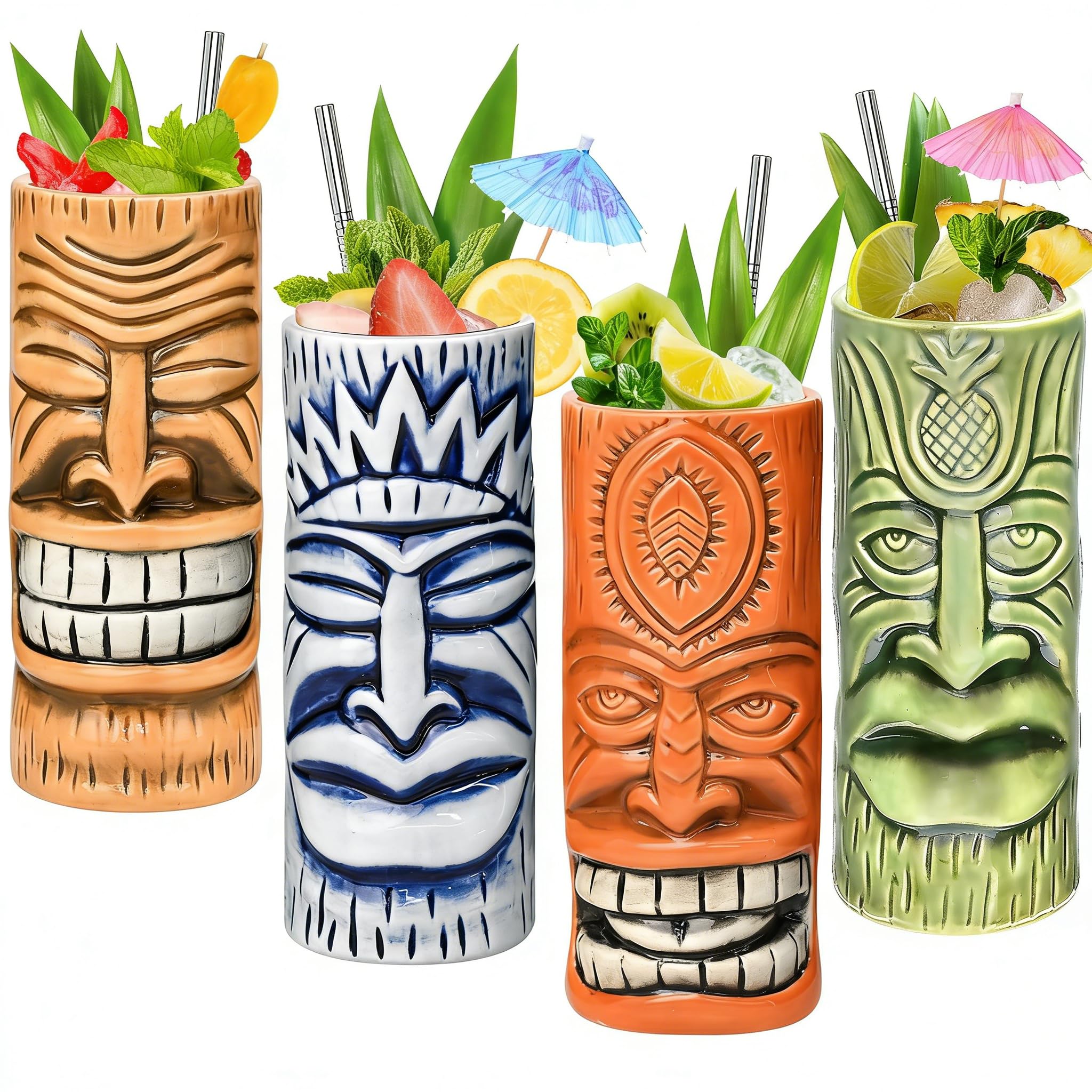 Tiki Mugs Set of 4 - Ceramic Tiki Glass Cocktail Cups, Unique Cocktail Glasses, Bar Professional Hawaiian Mug and Halloween Christmas Party Barware