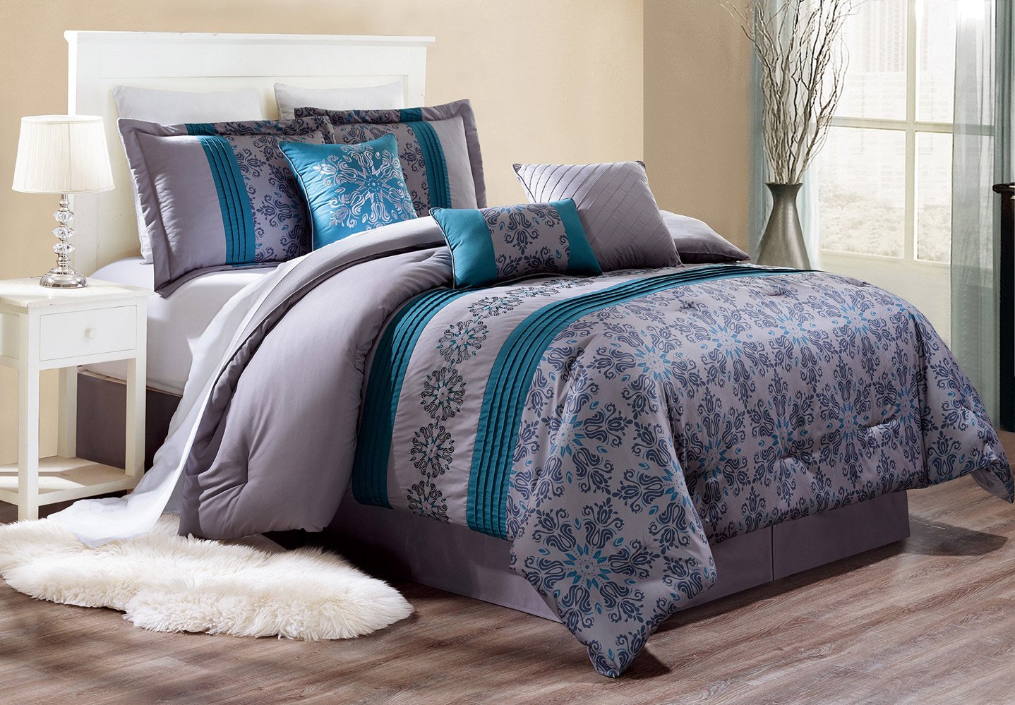Grand Linen Modern 7 Piece Bedding Riley Pinch Pleat Fine Printed Comforter Set in Blue/Teal Blue/Grey - Queen Size Set with Accent Pillows