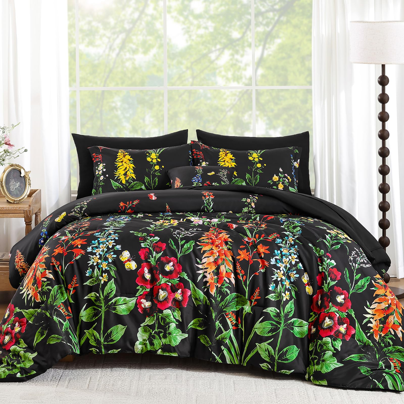 Photo 1 of WONGS BEDDING Black Comforter Set King Size 8 Pieces Bed in a Bag Colorful Floral Botanical Complete Bedding Set with Sheets, Soft Microfiber Reversible Comforter Bed Set for All Season
