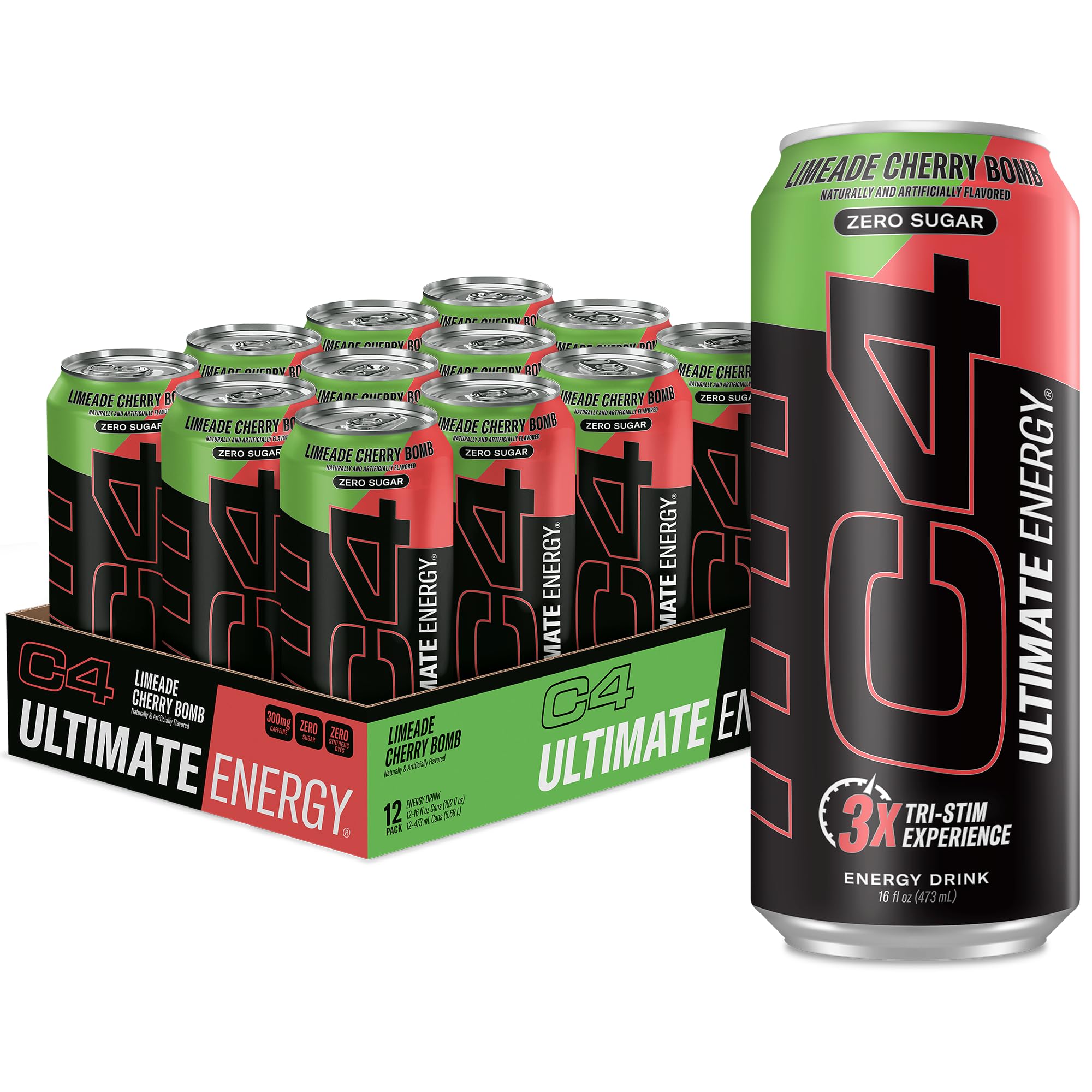 Cellucor C4 Ultimate | Pre Workout Sugar Free Energy Drink | Tri-Stim Experience with 300mg Caffeine + TeaCrine + Dynamine | Limeade Cherry Bomb | 16oz (Pack of 12) Image
