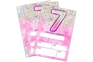 AKTFV 7Th Birthday Invitation Cards, Holographic Balloons Double-Sided Fill In Style Birthday Invites With Envelopes, Glitter Pink 7 Years Old Invitations For Girls, Teen, Party Favor & Supplies - A17