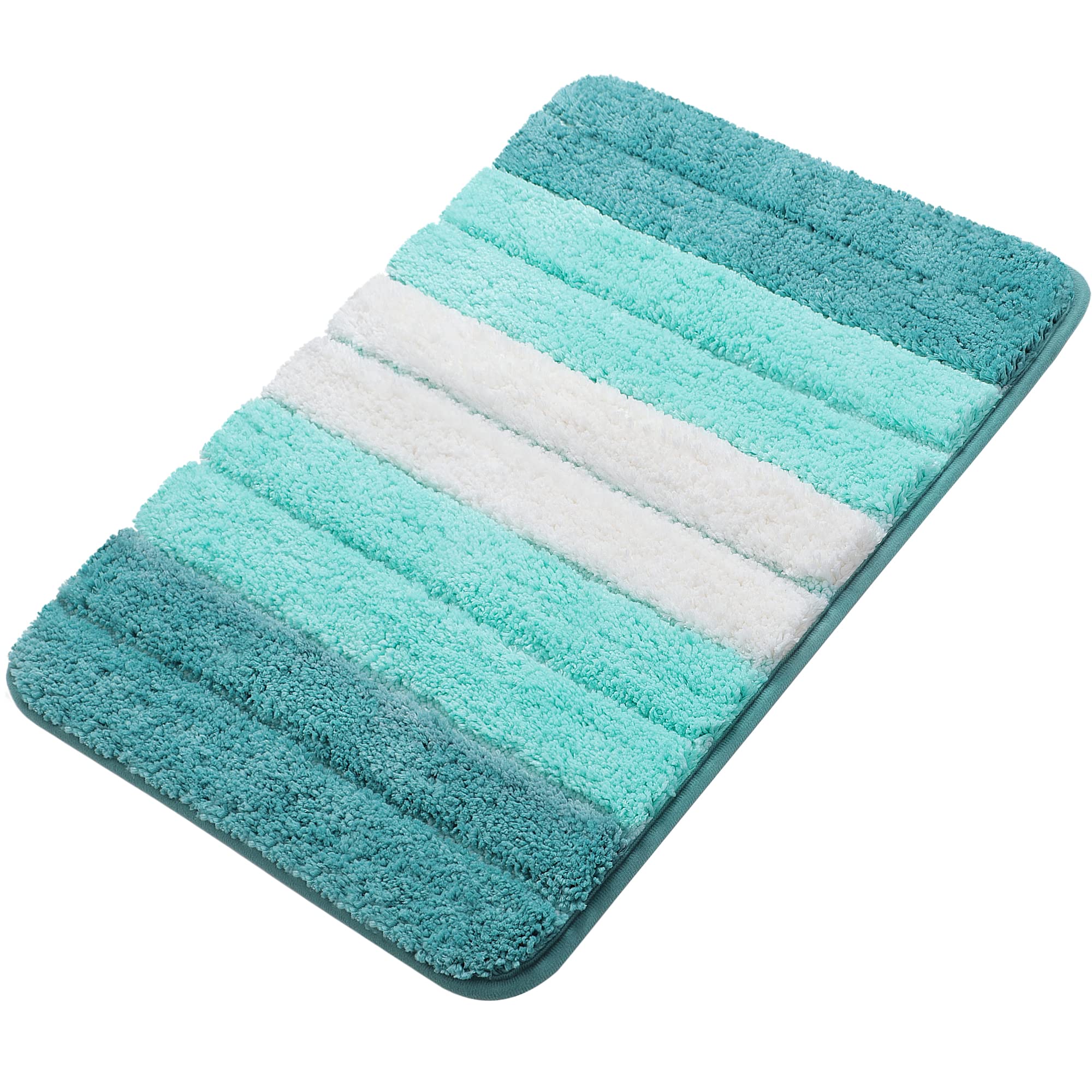 PiccoCasa Extra Soft & Absorbent Non Slip Bath Mat, 50 x 80cm, Turquoise Microfiber Striped Rug, Machine Wash & Dry