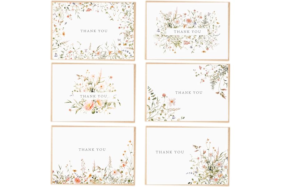 52-pack Floral Thank You Cards Bulk with Kraft Envelopes & Matching Stickers, 3.5x5 Inches, 6 Wildflower Designs | Perfect for Weddings, Baby & Bridal Showers, Graduations & Birthday