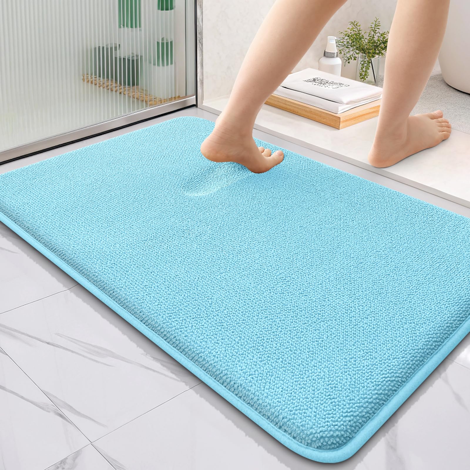 OLANLY Thick Memory Foam Bath Mat Rug 36x24, Extra Soft Absorbent Bathroom Rug, Quick Dry Bath Mats, Non-Slip, Machine Washable Carpet for Bathroom, Tub and Shower, Home Decor Accessories, Sky Blue Image