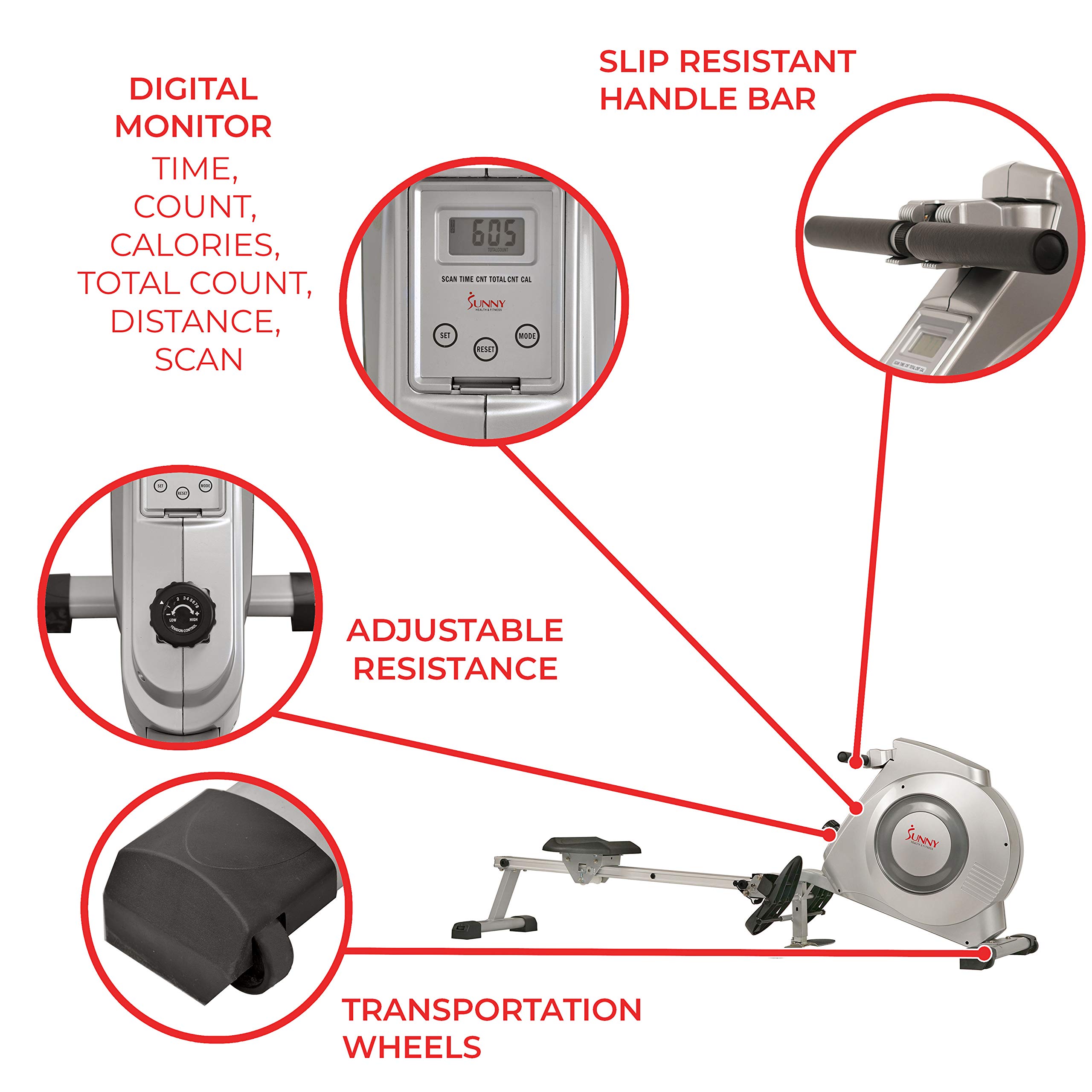 Sunny Health & Fitness Magnetic Rowing Machine w/ Digital Monitor, 300 LB Weight Capacity, Dual Function Multi-Exercise… - Image 4