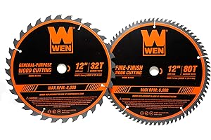 WEN BL1232-2 12-Inch 32-Tooth and 80-Tooth Carbide-Tipped Professional Woodworking Saw Blade Set, Two Pack