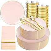 NOCCUR 350PCS Pink Plates Disposable - Pink Gold Plastic Dinnerware Set for 50 Guests Include 100 Dinner/Dessert Plates,150 Cutlery,50 Cups&50 Napkins - Ideal for Party/Wedding/Valentines Day